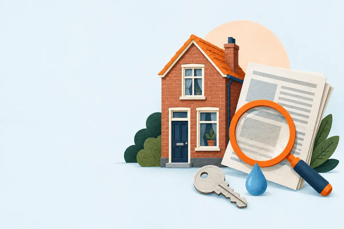 Illustratie van een Nederlands huis, krant en vergrootglas